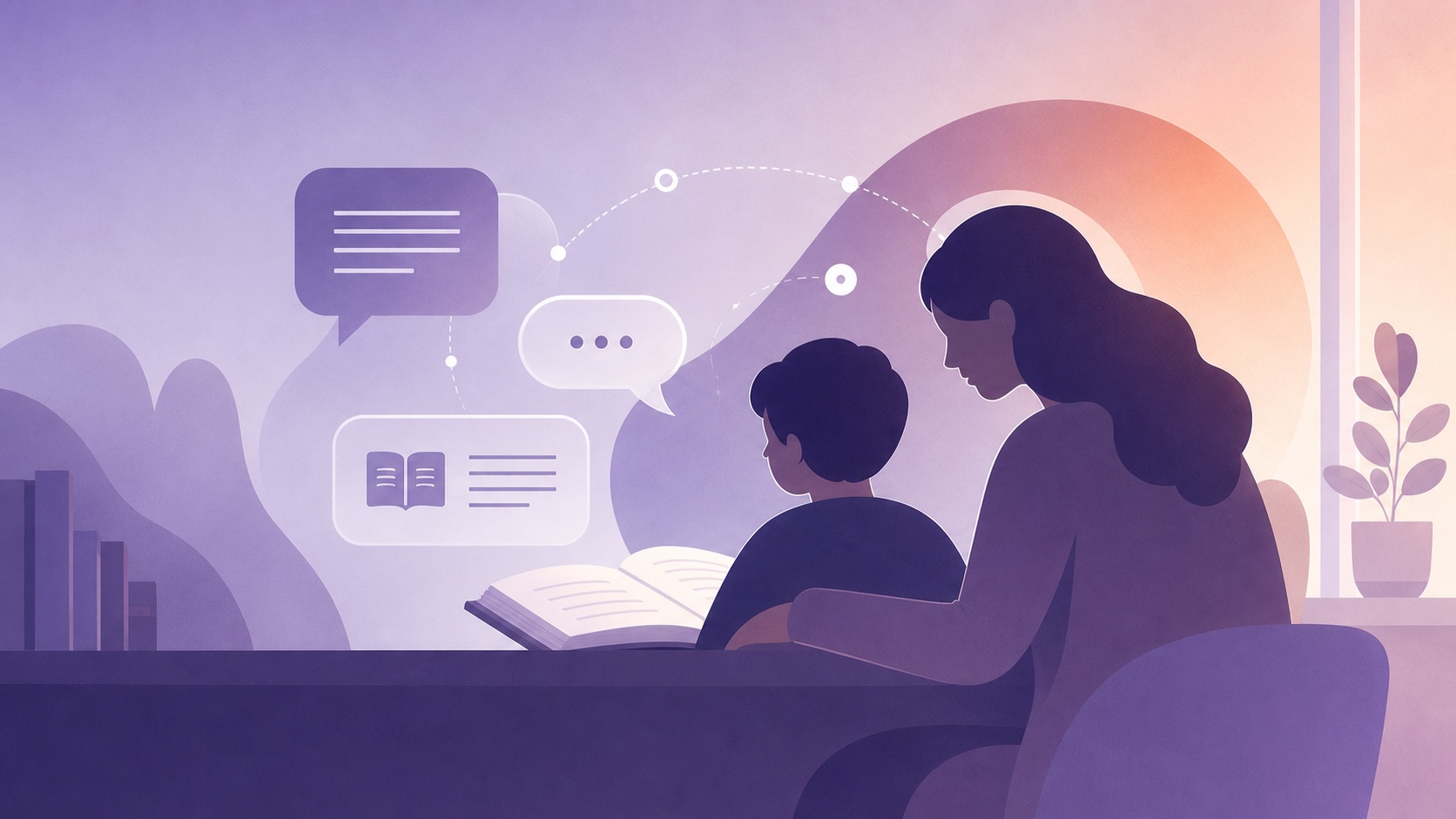 A child exploring a story with a caregiver and a learning device